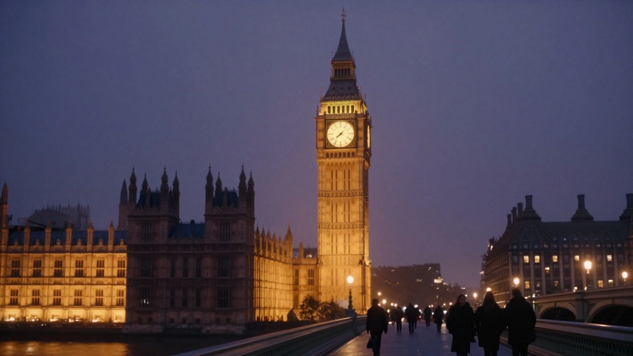 Big Ben illuminated at twilight, fog drifting over the Thames as commuters walk nearby.