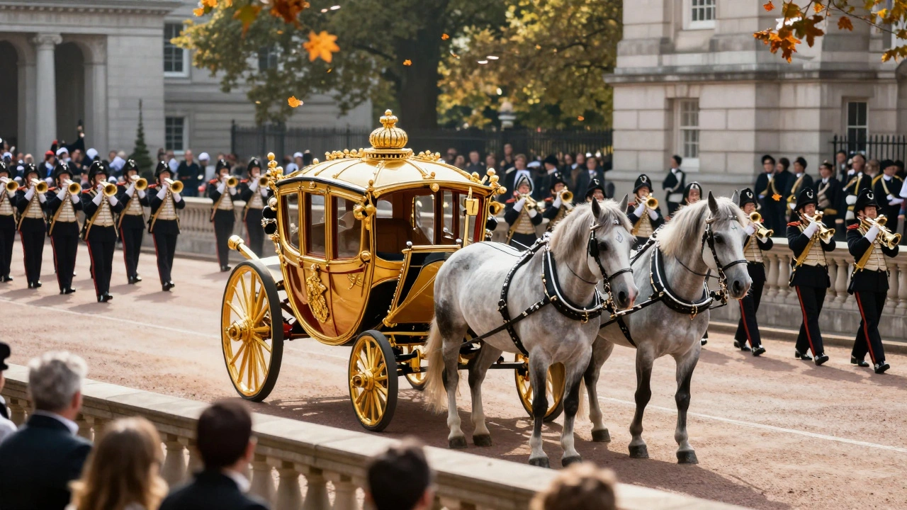 Changing of the Guard ceremony viewed from Victoria Memorial, with Gold State Coach and marching band in detail.