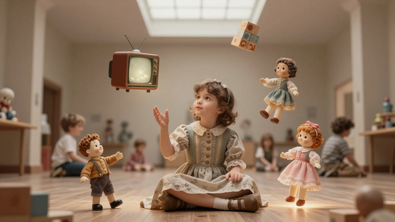 Child in Victorian dress surrounded by floating vintage toys in the V&amp;A Museum of Childhood.