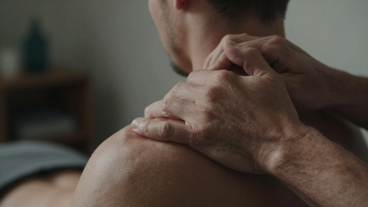Close-up of hands working intensely on a tense shoulder muscle during deep tissue therapy.