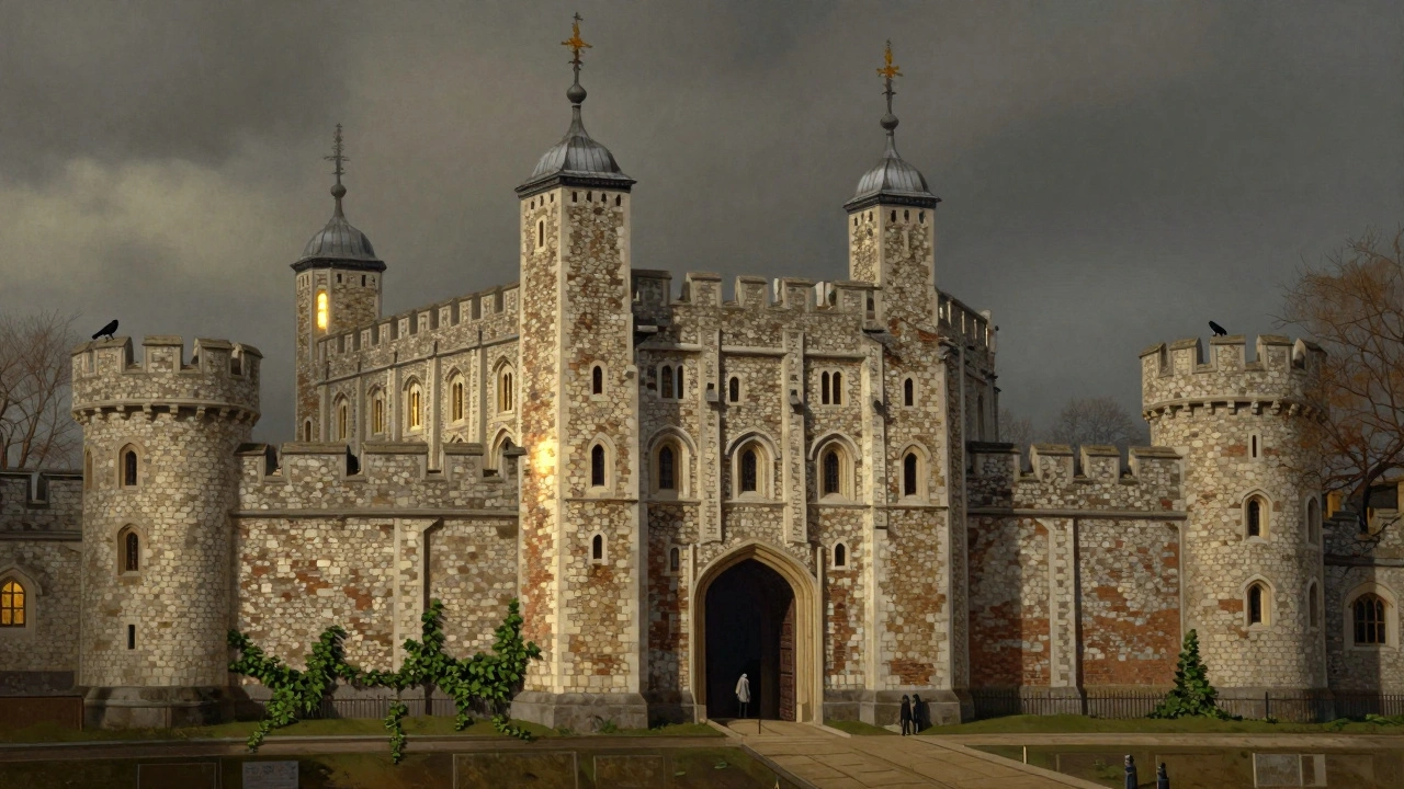 Concentric walls and towers of the Tower of London with the Traitors’ Gate and ravens on battlements.