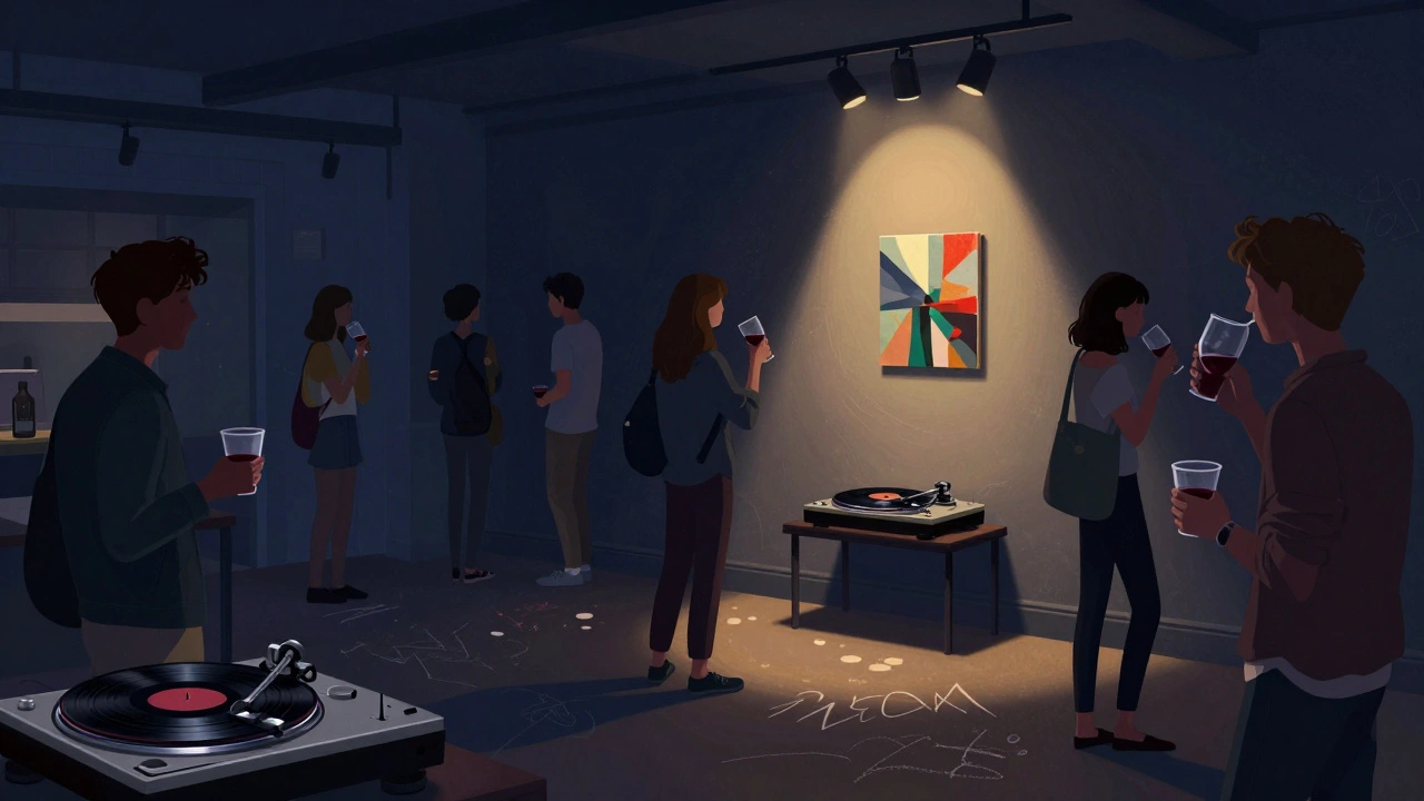 Crowd at Whitechapel Gallery&#039;s late-night opening, sipping wine under high ceilings with vinyl records playing.