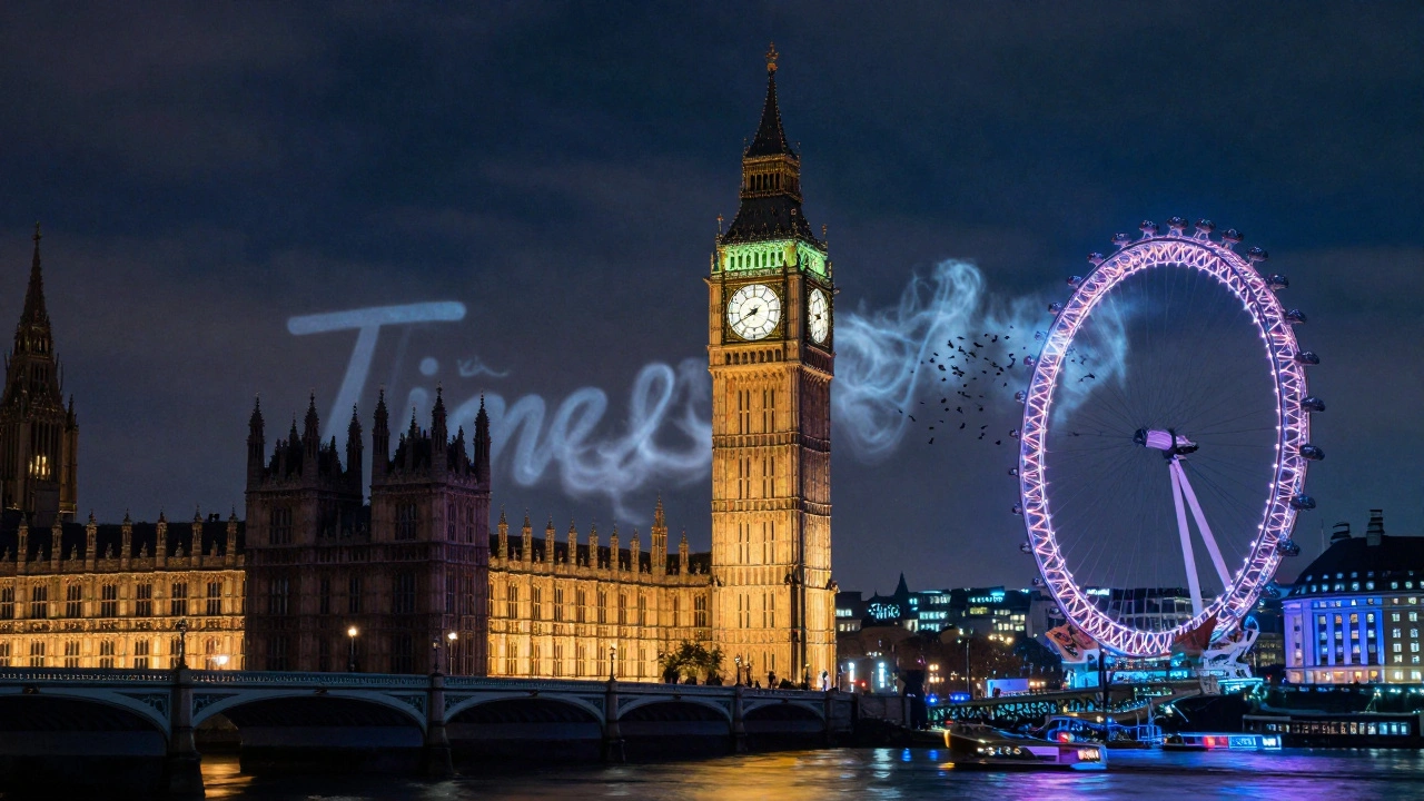 Digital projection of Big Ben transforming into a heart, tide, and pigeons at night, glowing neon reflections on water.