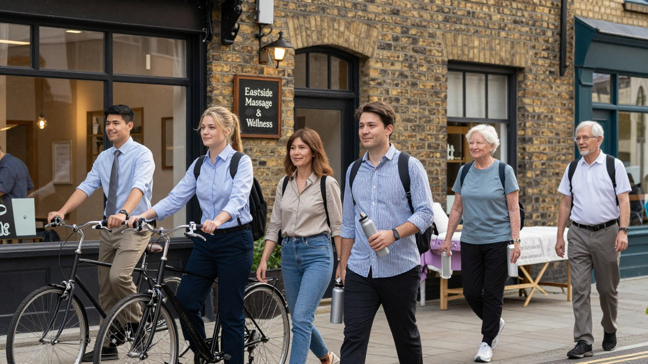 Diverse people smiling as they leave a modest massage studio in East London.