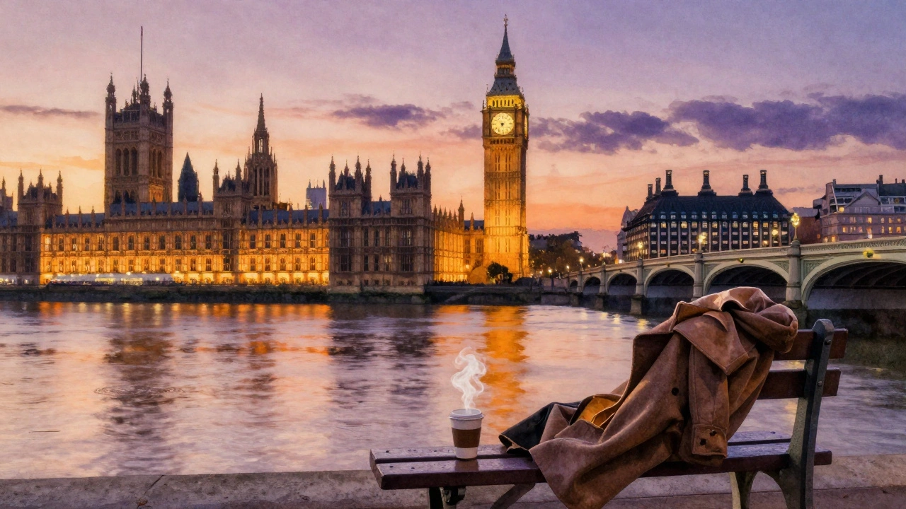 Dusk over the Thames as Big Ben glows softly, a coffee cup rests on a bench beside the water.