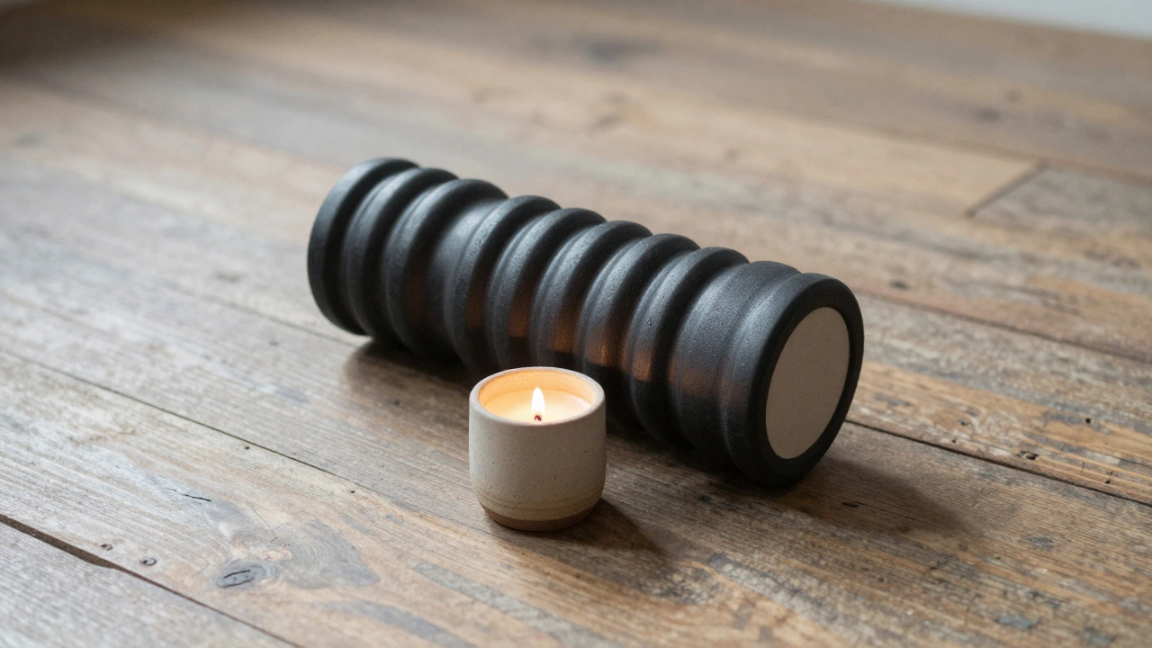 Foam roller and massage ball beside a lit candle on wooden floor, quiet self-care scene.