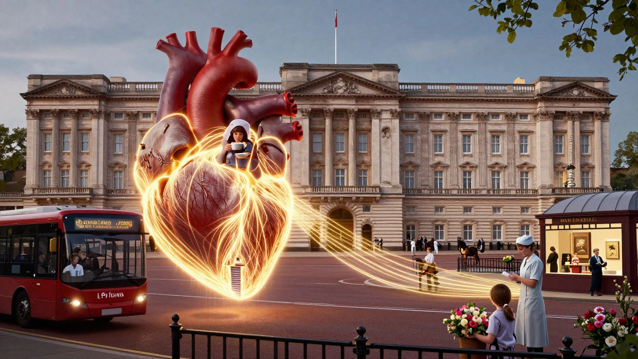 Golden threads connecting Buckingham Palace to everyday Londoners, symbolizing the palace&#039;s role in community life.