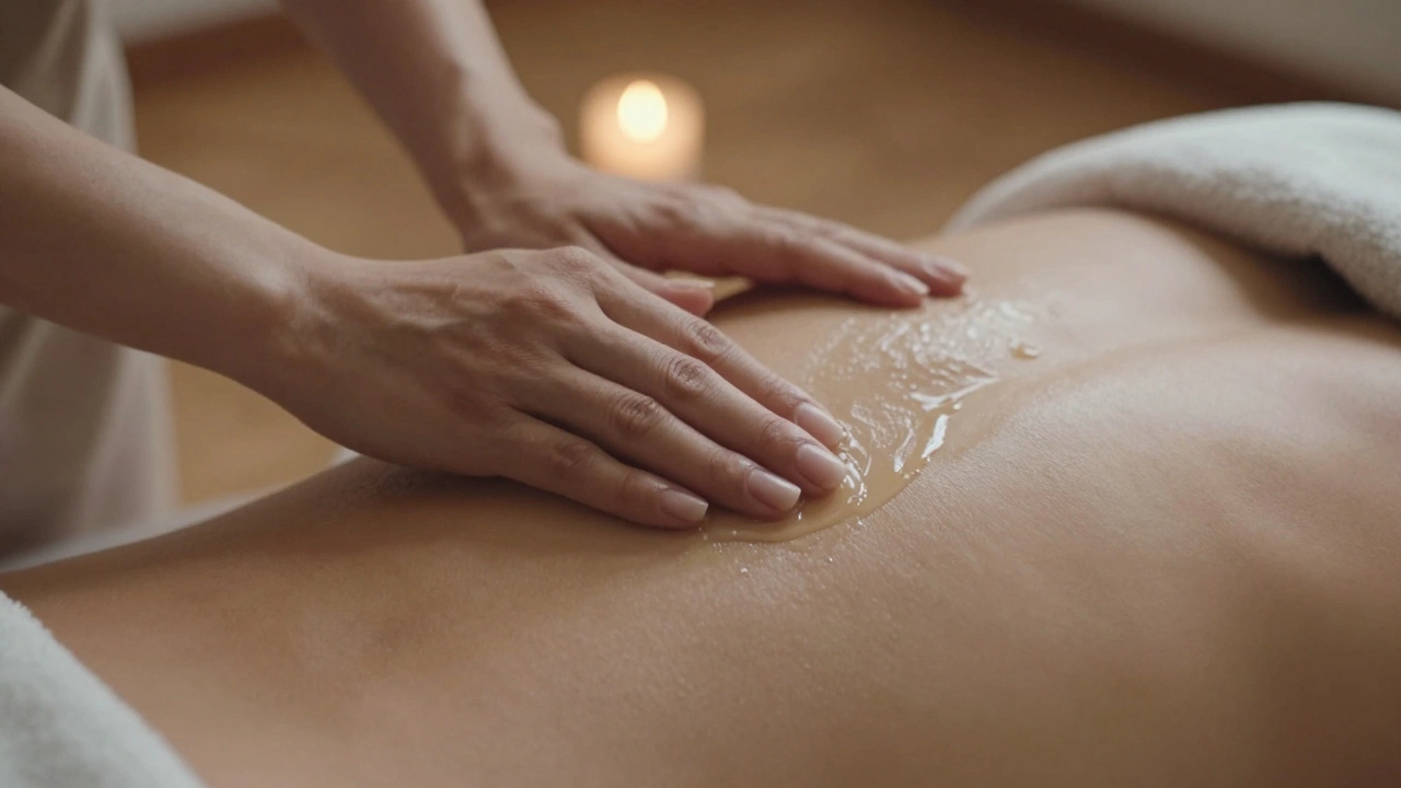 Hands applying oil to a back with gentle strokes, warm tones and blurred background.