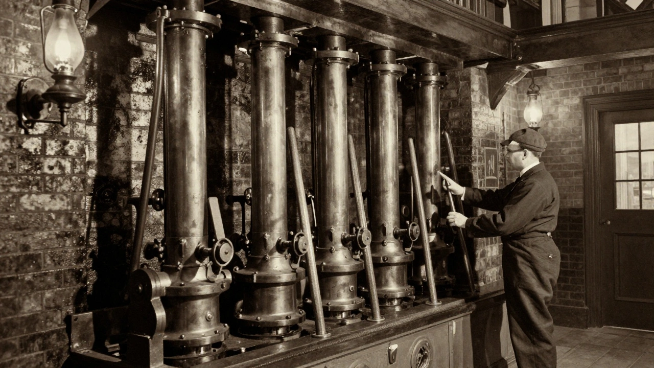 Historic steam engine room of Tower Bridge with brass machinery and gas lamps in 1890s style.