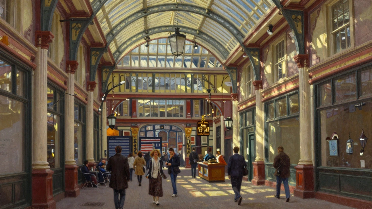 Leadenhall Market’s ornate glass and iron roof under soft sunlight, with people walking below.