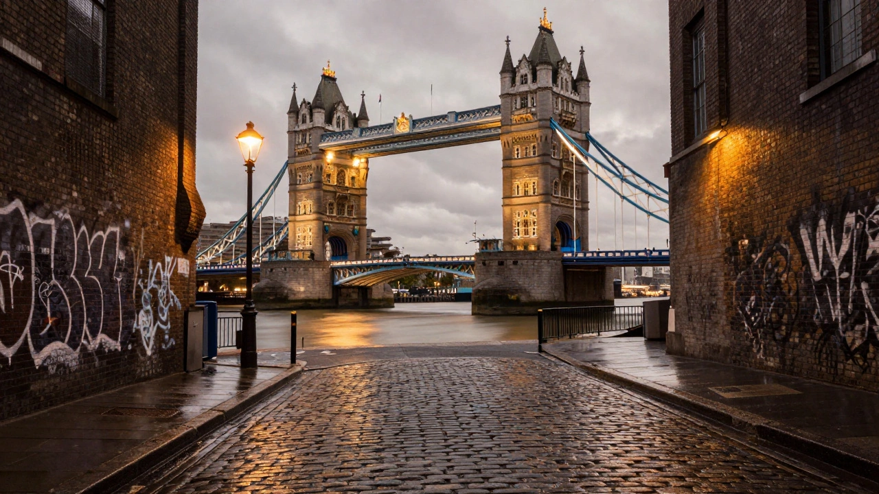 Low-angle view of Tower Bridge from Shad Thames alley, illuminated by amber lights on cobbled streets.