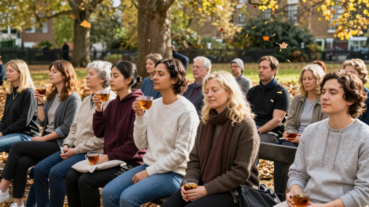 People relaxing in a London park after a massage, enjoying quiet moments of calm amidst autumn foliage.