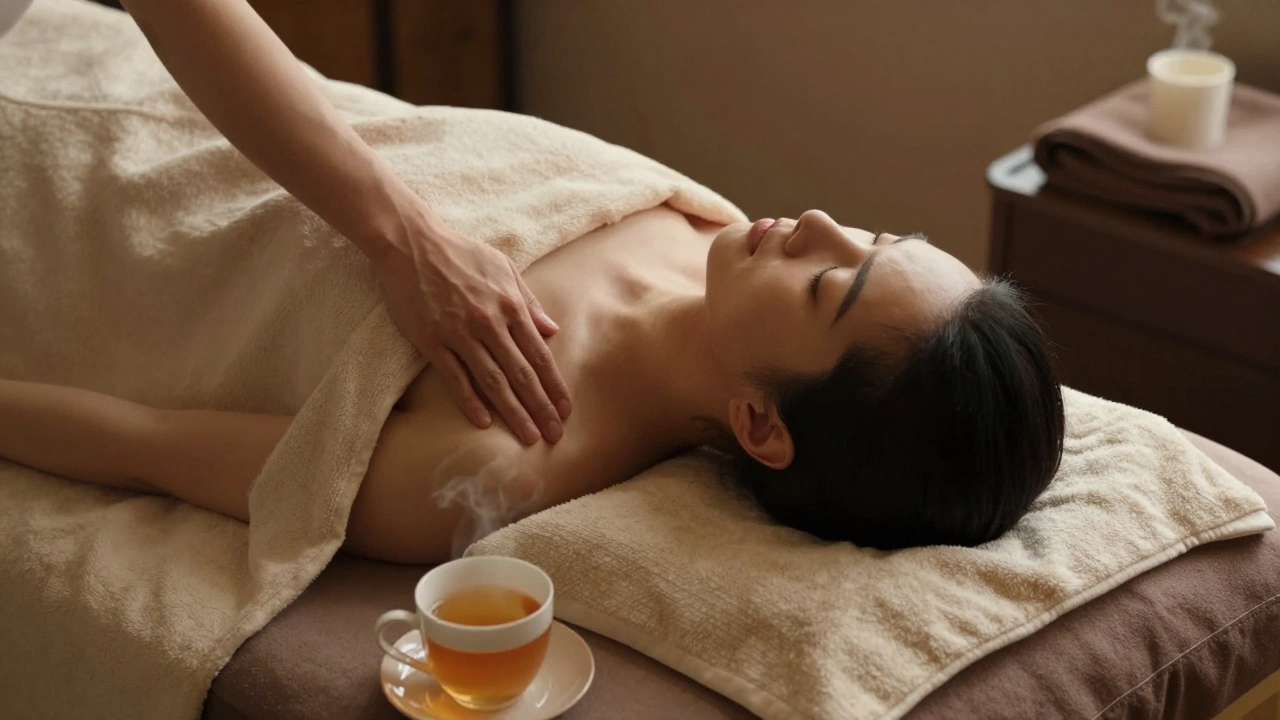 Person lying peacefully under a sheet during a massage, eyes closed, with tea and blanket nearby.