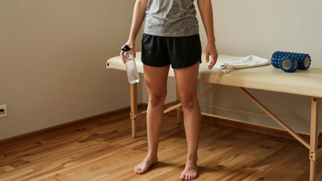 Person stretching after a sports massage, smiling with a water bottle