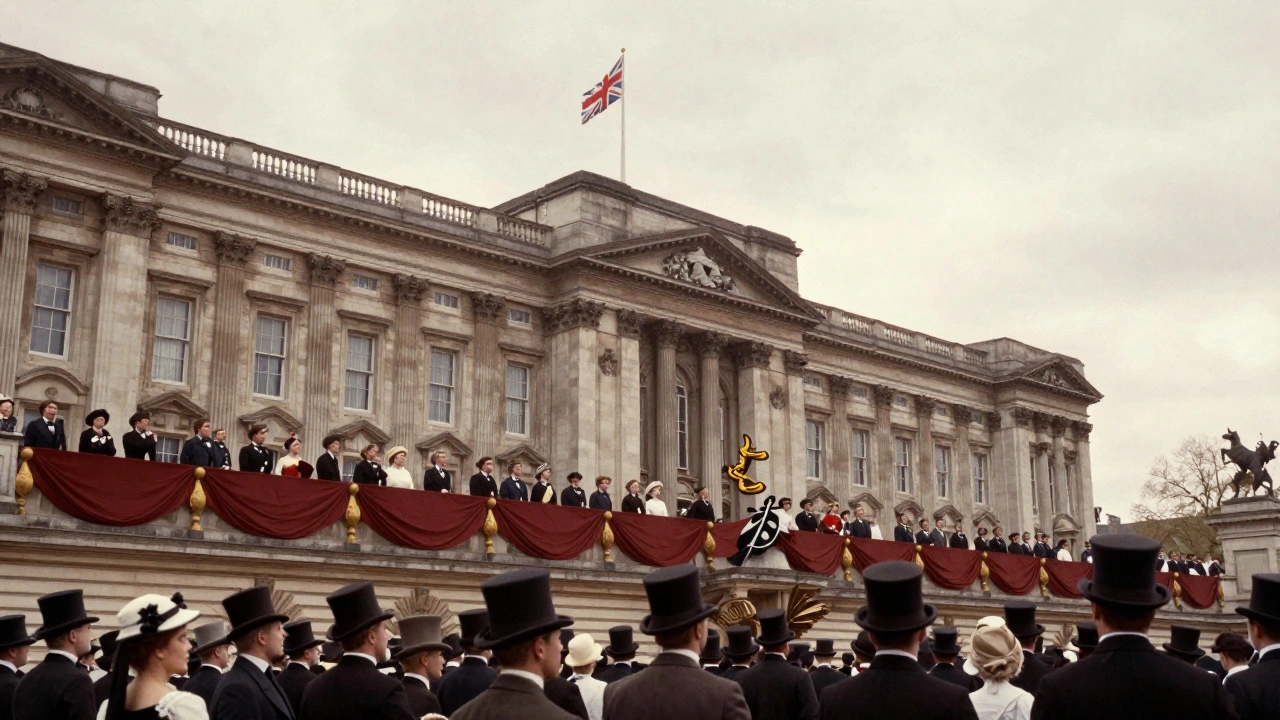 Queen Victoria and Prince Albert stand on the 1851 balcony, greeted by a crowd of 19th-century Londoners.