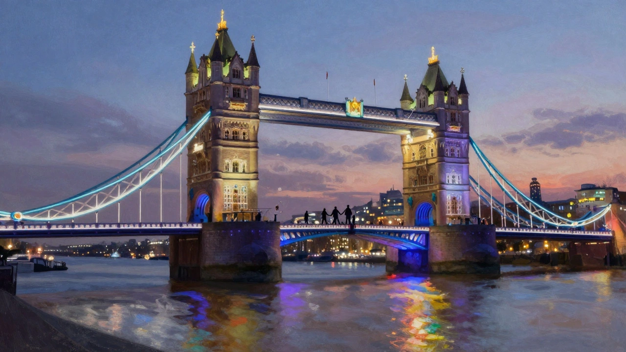 Rainbow-lit Tower Bridge during Pride, silhouettes of people walking across at twilight.