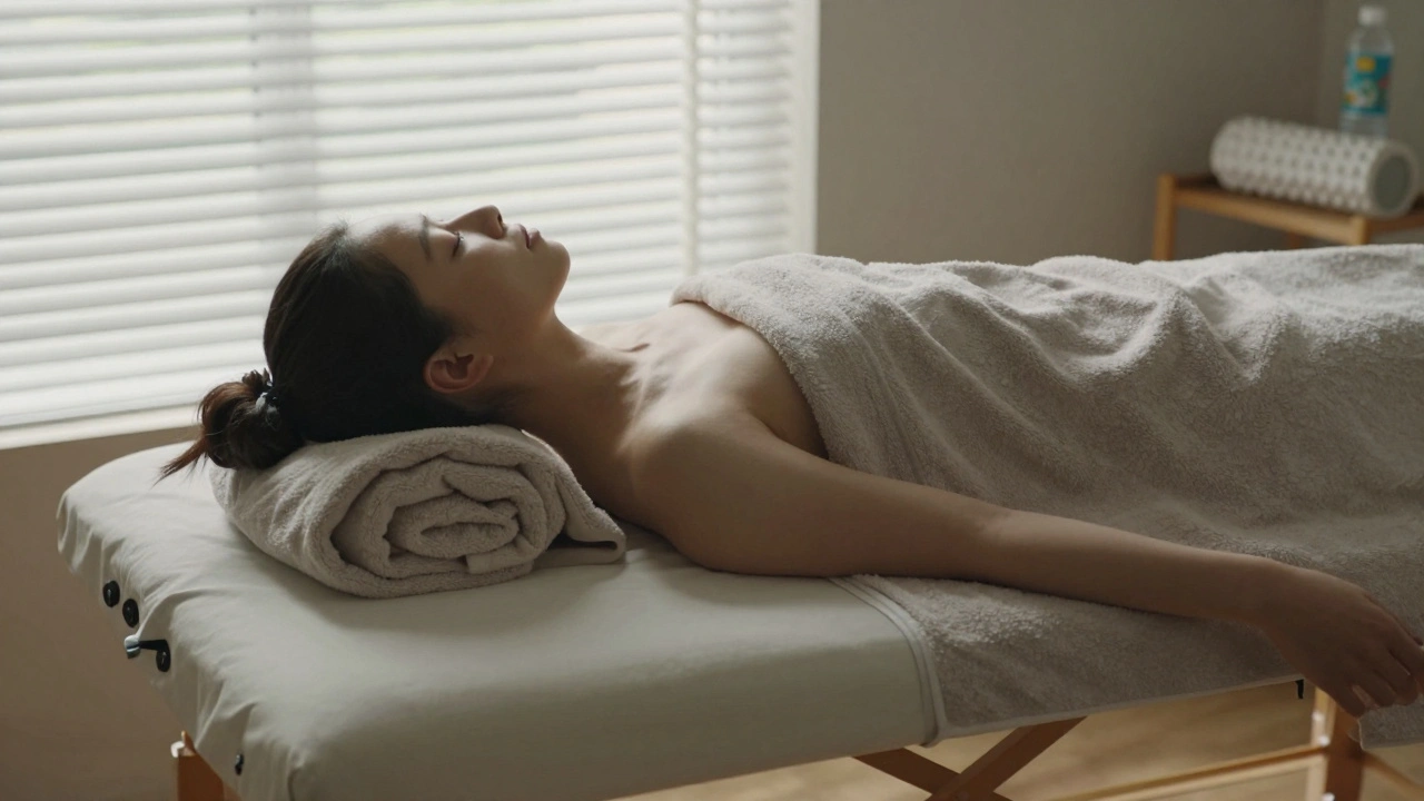 Relaxed person lying on a massage table after a deep tissue session, draped in a towel.