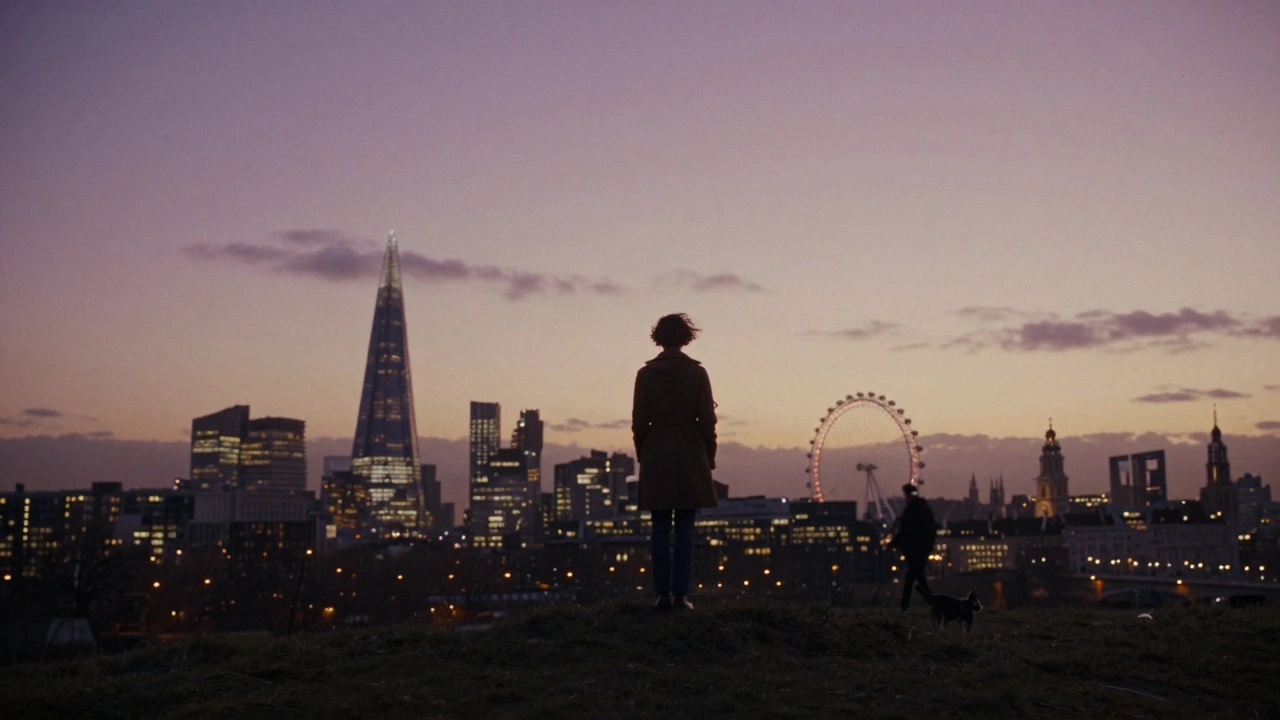 Silhouette of a solitary figure on Primrose Hill at dusk, London skyline glowing behind them.