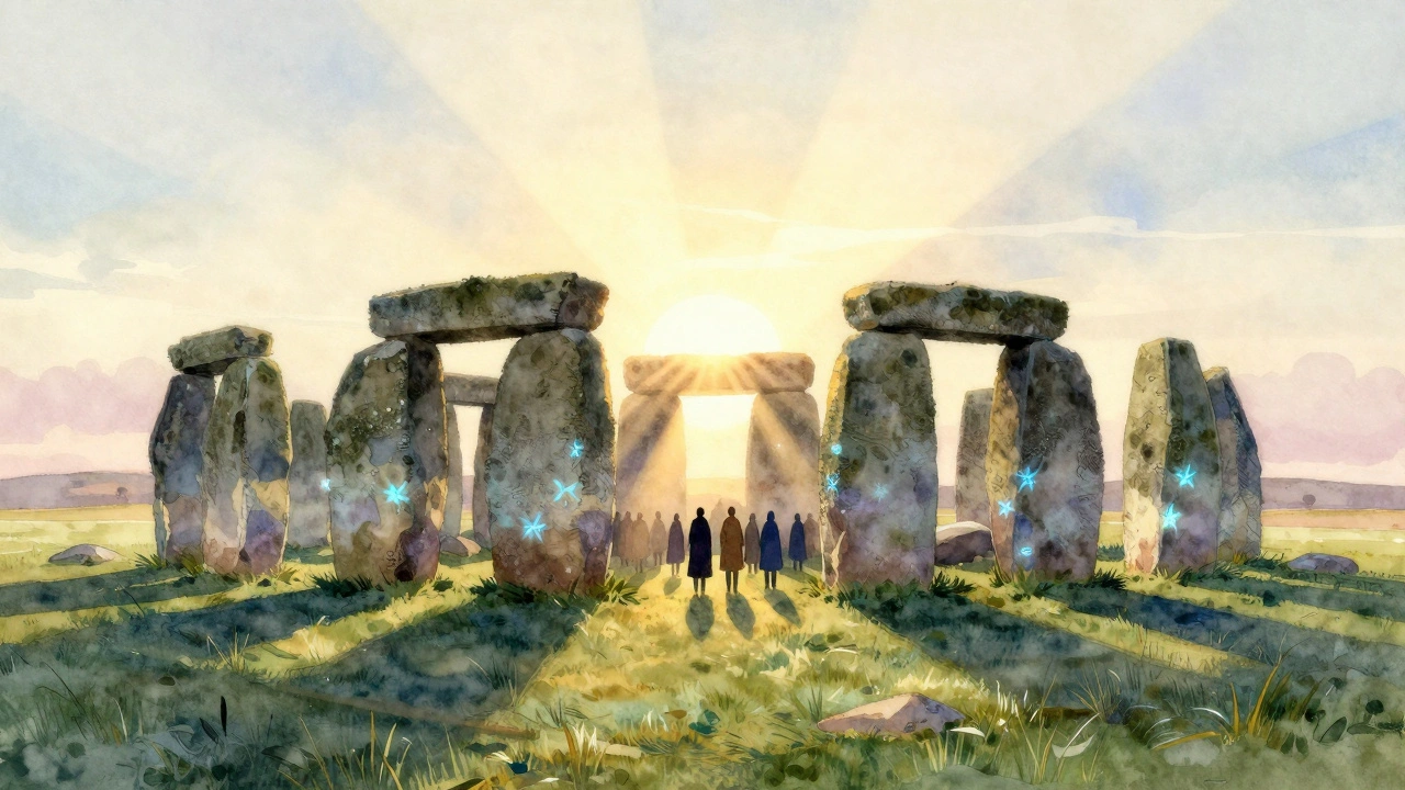Stonehenge at sunrise during summer solstice, golden light streaming through the ancient stones.