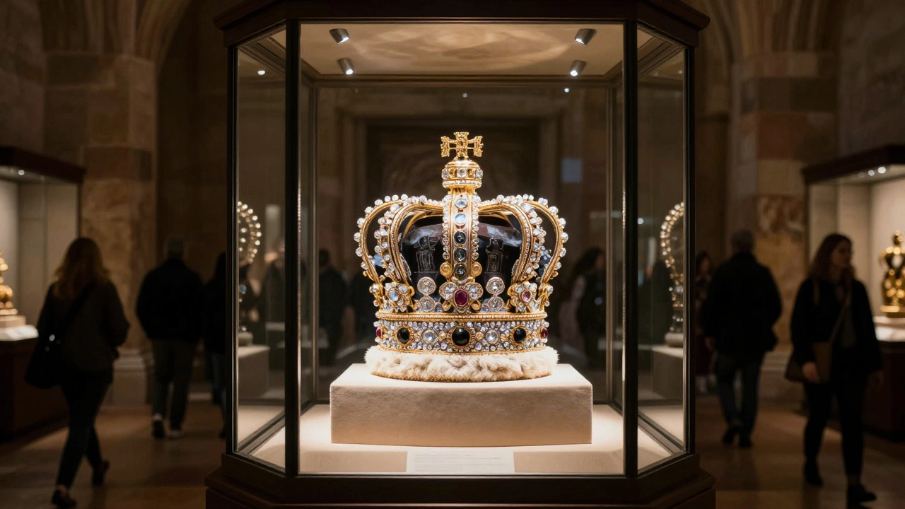 The Crown Jewels glowing in a modern vault, lit by golden light against ancient stone walls.