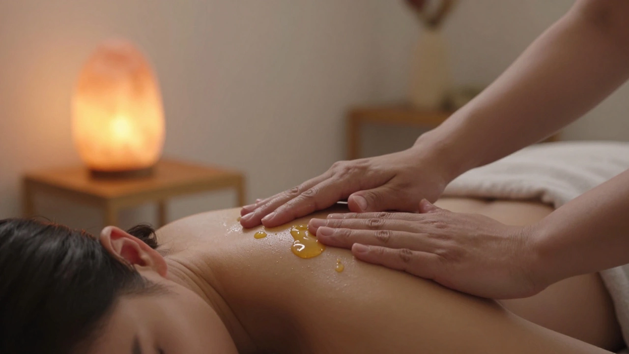 Therapist&#039;s hands applying gentle pressure to shoulders with oil, warm lighting enhancing the soothing atmosphere.