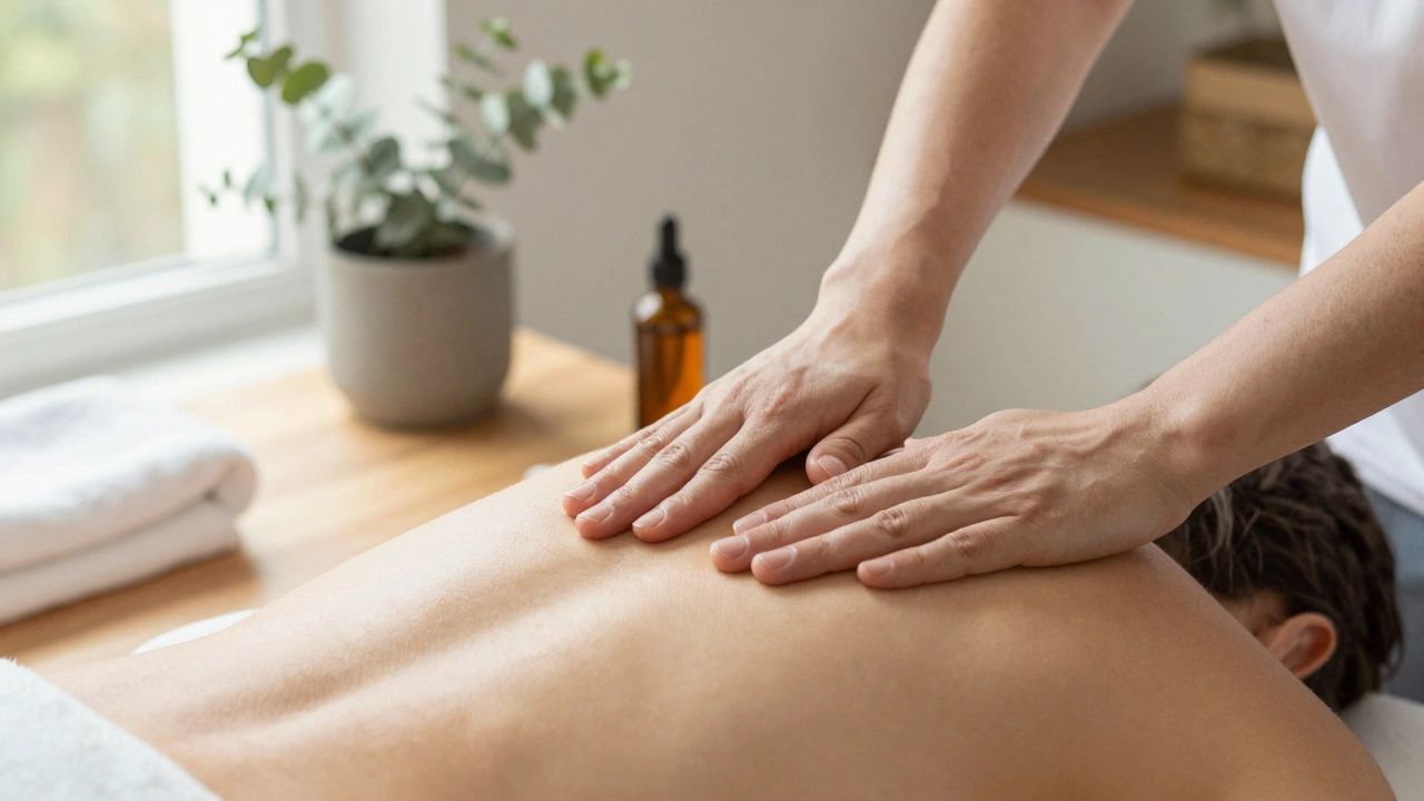 Therapist's hands applying oil to a client's back with natural light streaming in.