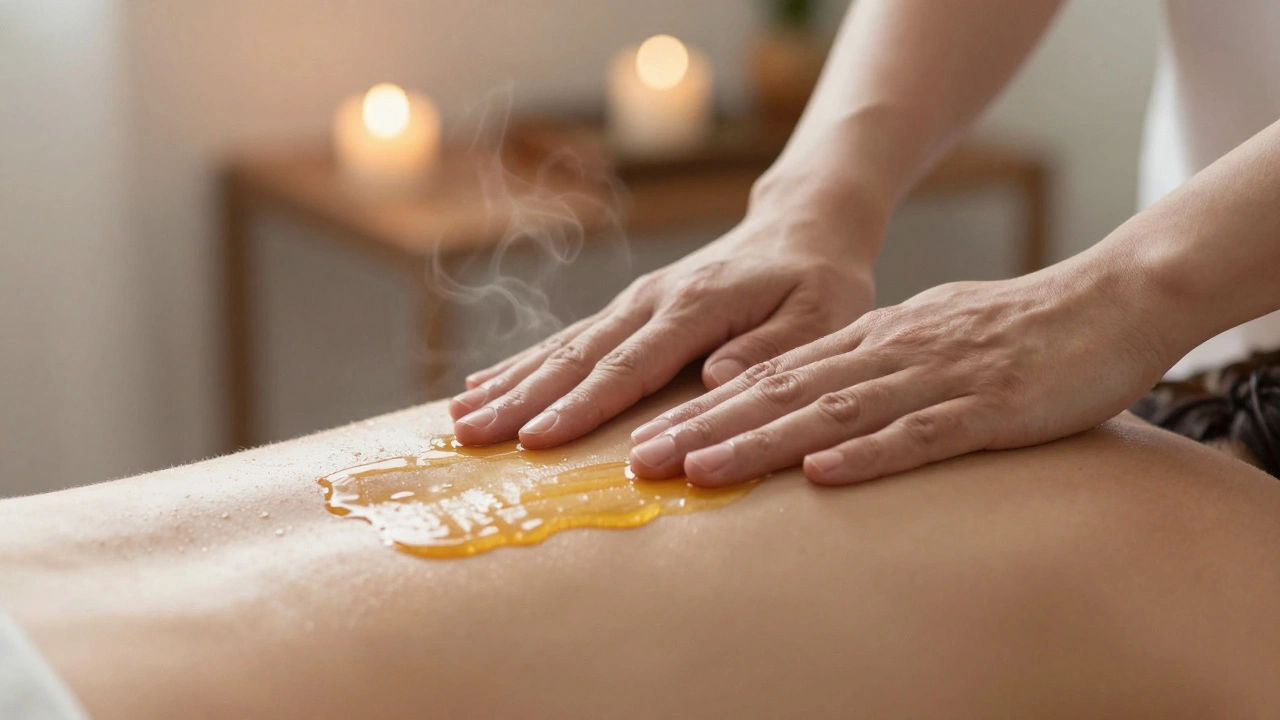 Therapist&#039;s hands using warm oil to massage a back with gentle, flowing strokes.