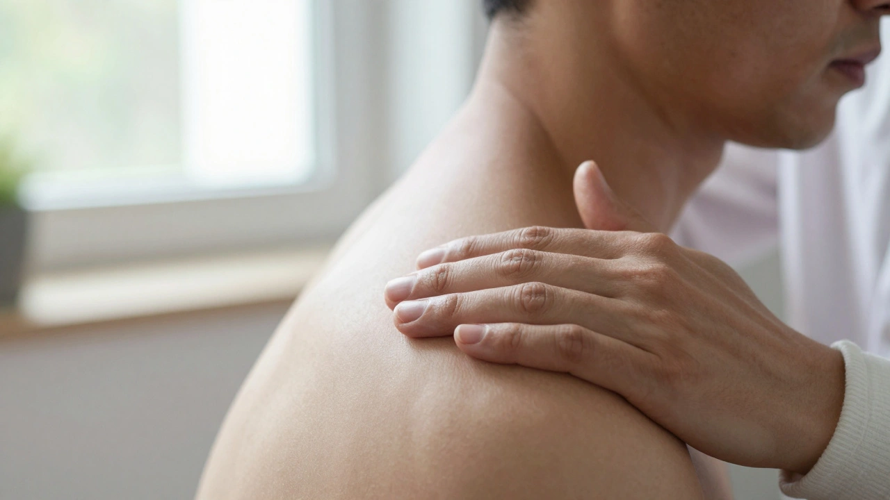 Therapist's hands working gently on a client's shoulder with natural lighting.