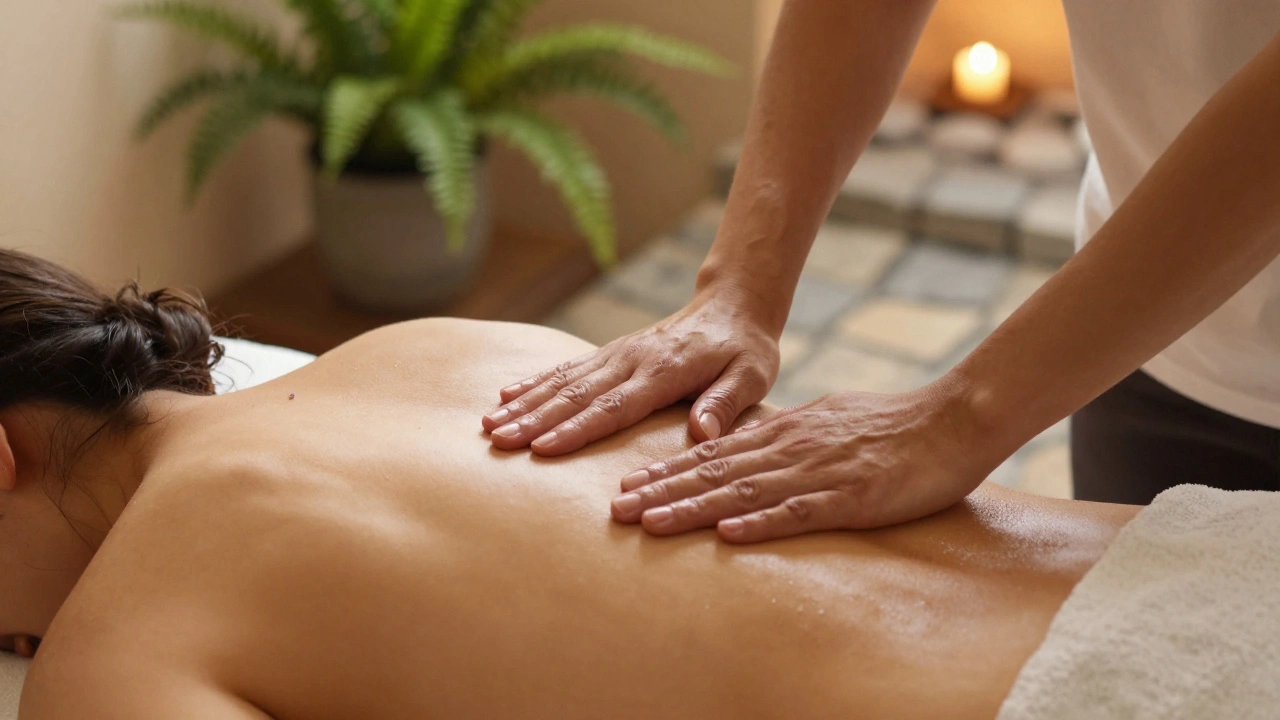 Therapist applying warm oil to a client's back in a tranquil, plant-filled room.