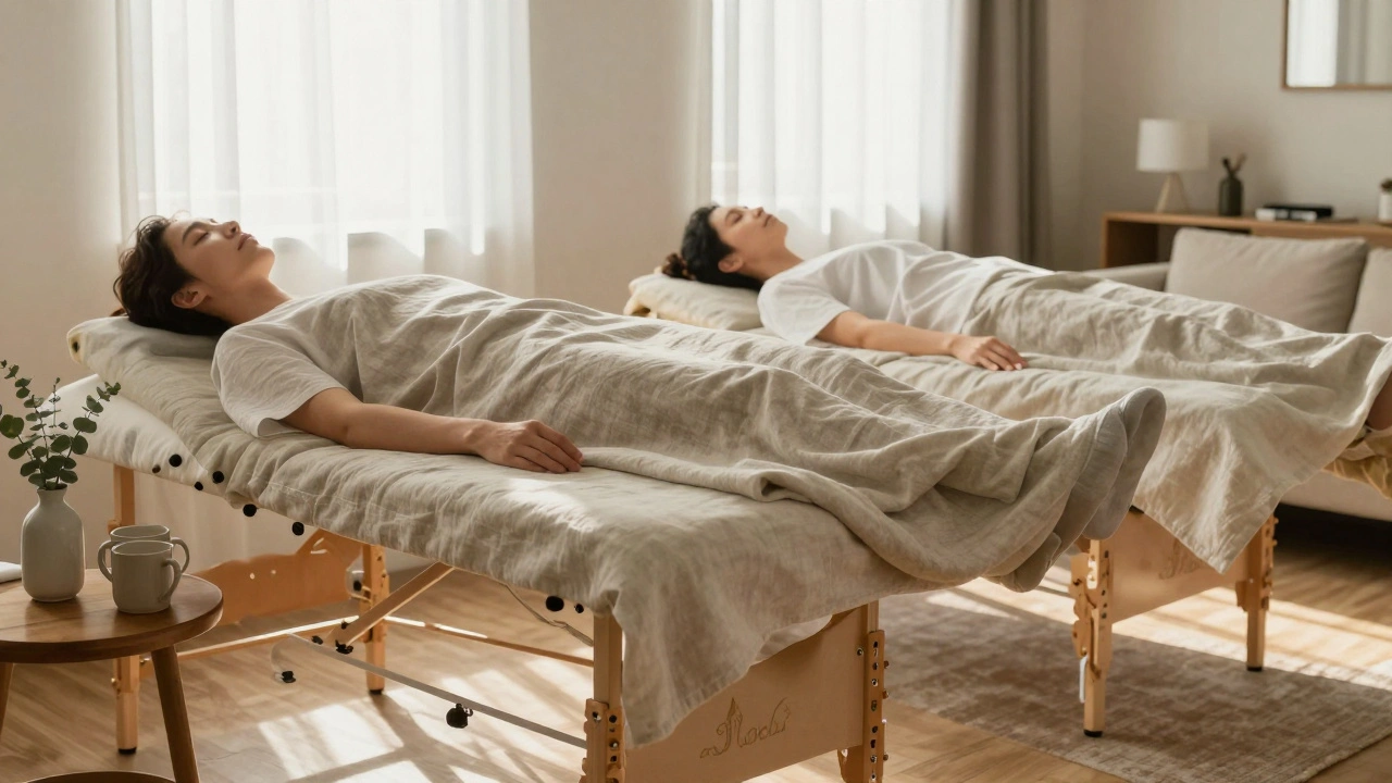 Two people relaxing side-by-side on massage tables in a living room, both calm and covered in sheets.