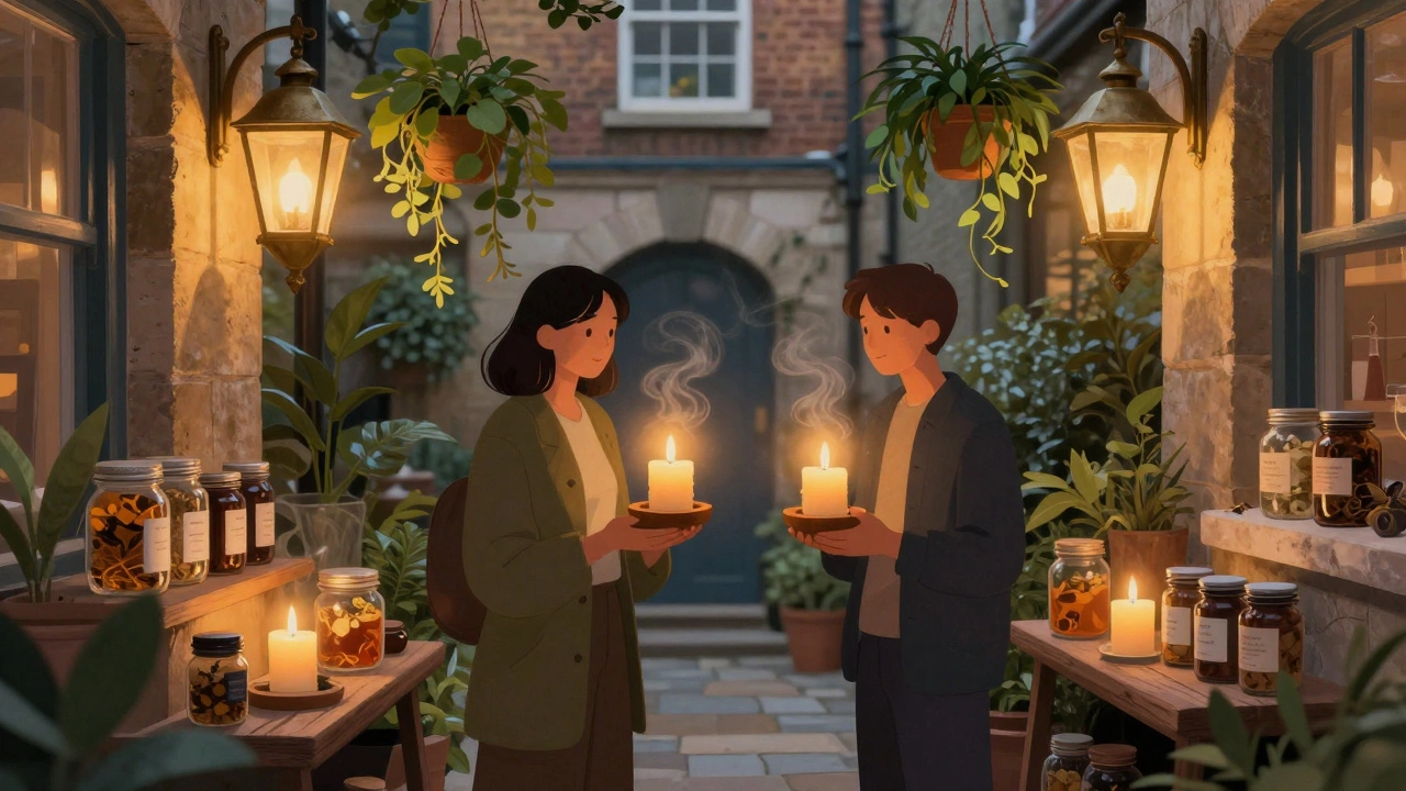 Two people stand together in a candlelit courtyard, holding matching beeswax candles among herbal teas and hanging plants.
