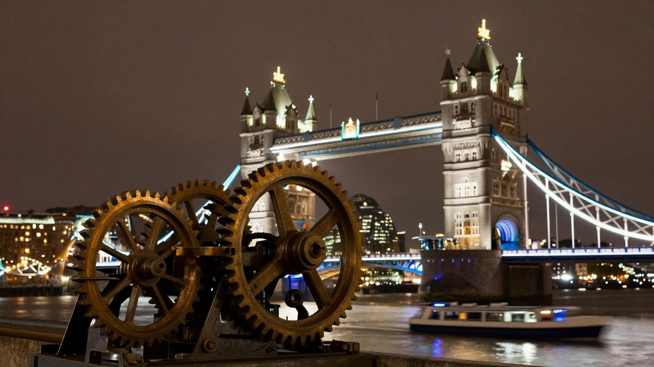 Vintage steam gear merged with Tower Bridge at night, blending history and modernity over the Thames.