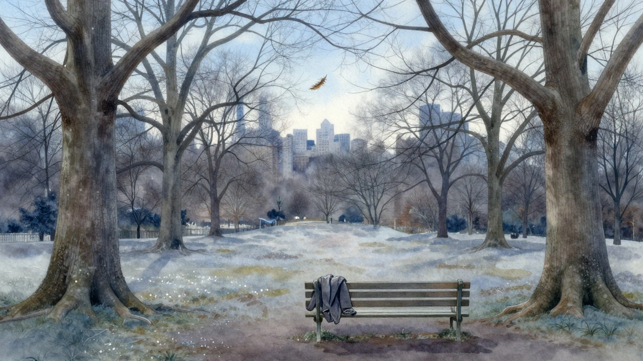 A hidden sunken grove in Hyde Park, The Dell, with thick trees and a lone bench under frosty light.