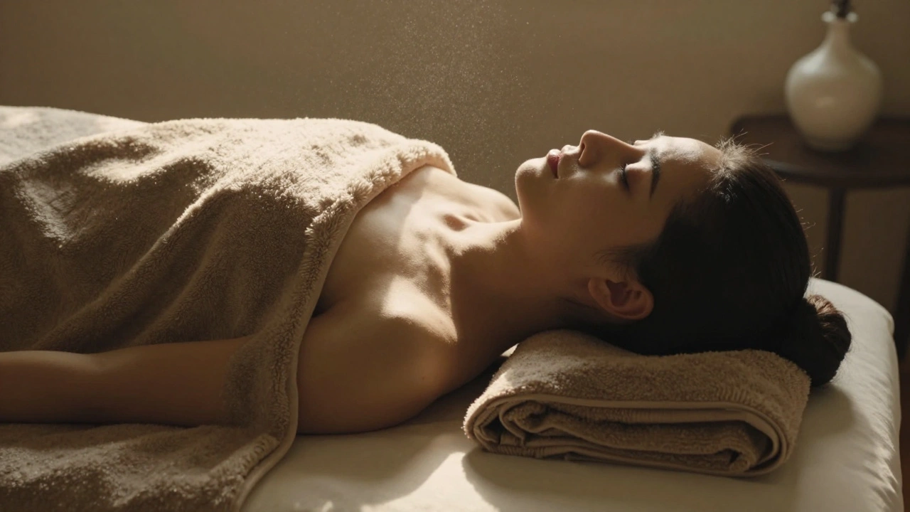 A person resting peacefully on a massage table, covered in a warm blanket, eyes closed in deep relaxation.