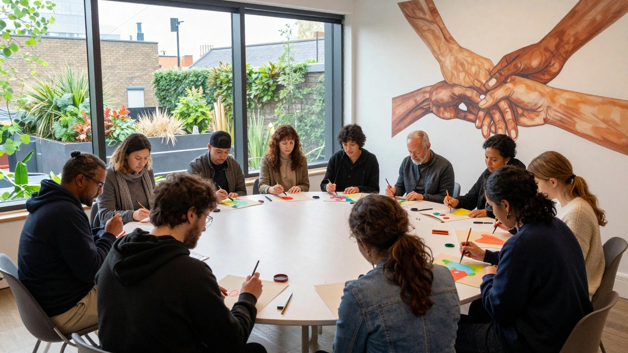A quiet community art session with people painting together under natural light.