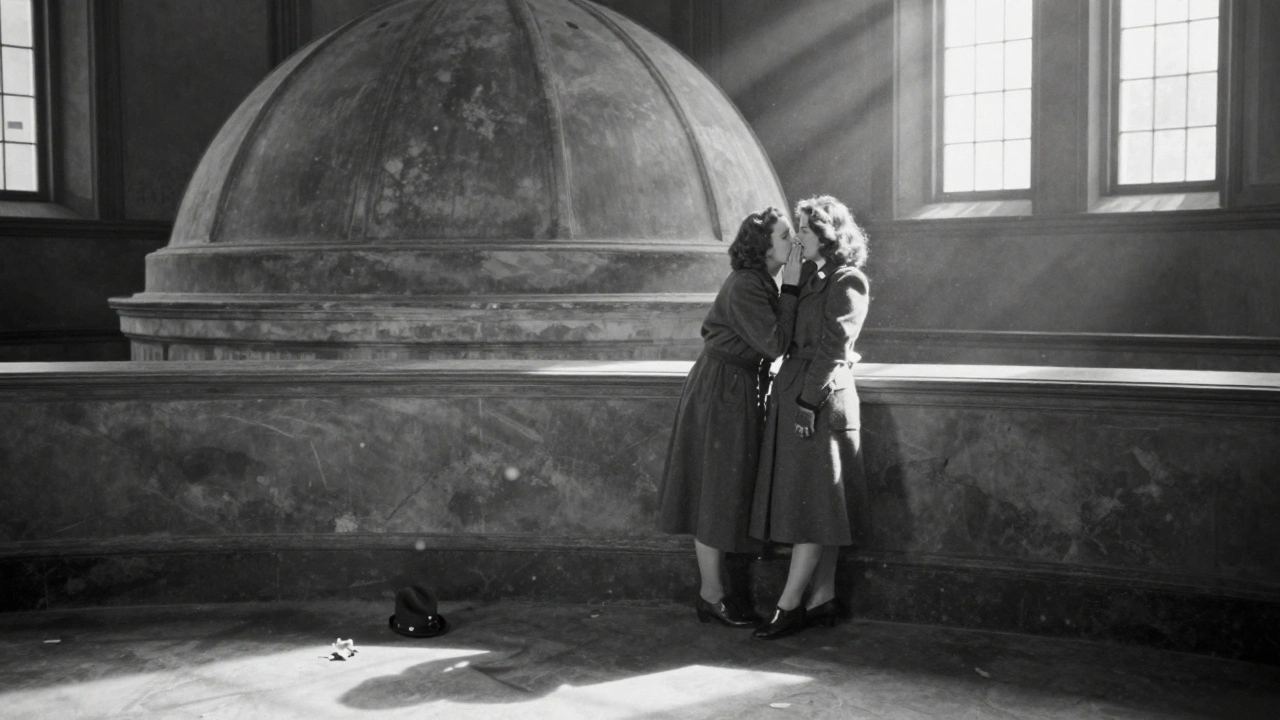 A quiet moment in the Whispering Gallery, 1940s, with a woman whispering and dust motes catching the light.