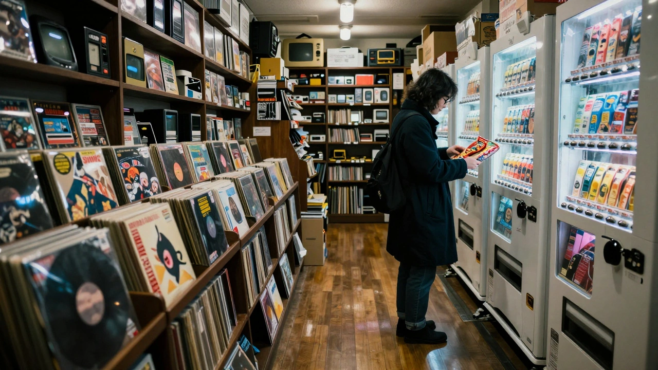 A shopper examines a vintage vinyl record in a cluttered Tokyo second-hand store, neon lights glowing softly.