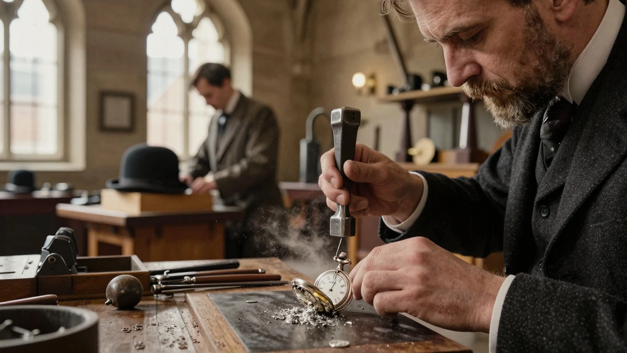 A silversmith hammers a pocket watch in The Royal Exchange, surrounded by traditional tools and historic architecture.