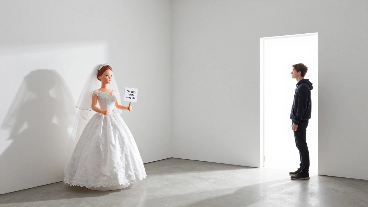 A single plastic doll with a protest note sits alone in a stark white gallery space.