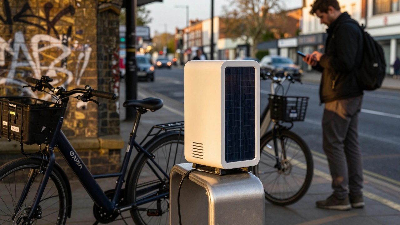 A solar-powered e-bike charger mounted on a London cycle rack at sunset, with a phone charging nearby.