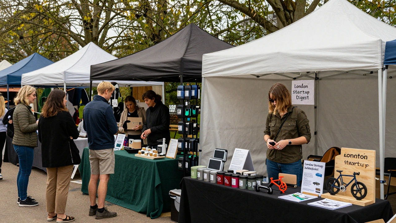 A vibrant Saturday market in Peckham Rye showcasing local London startups with handmade products.