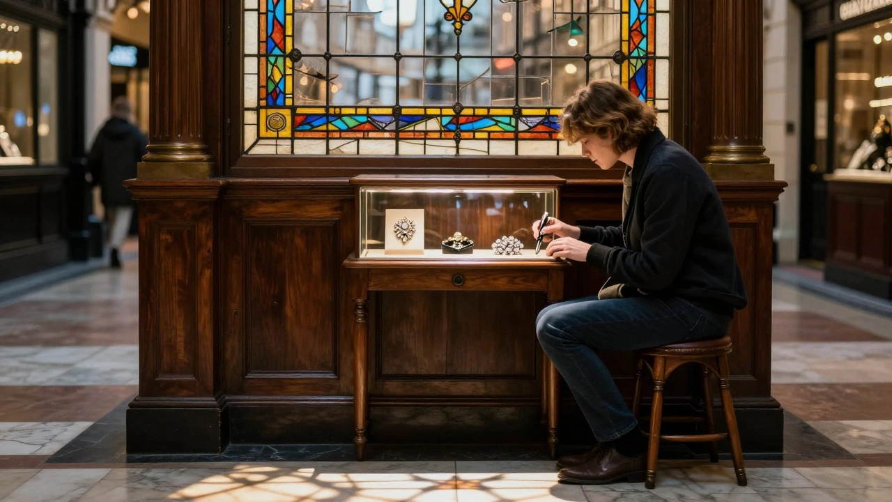 A Victorian arcade with stained glass, a jeweler polishing an antique brooch in quiet luxury.
