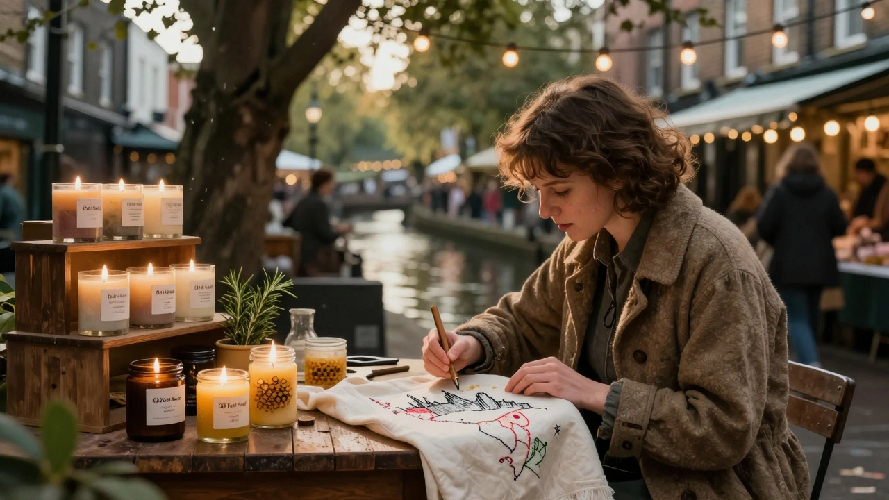 A woman embroiders a London skyline onto a vintage coat in Camden’s quiet Artisan Alley, surrounded by scented candles.