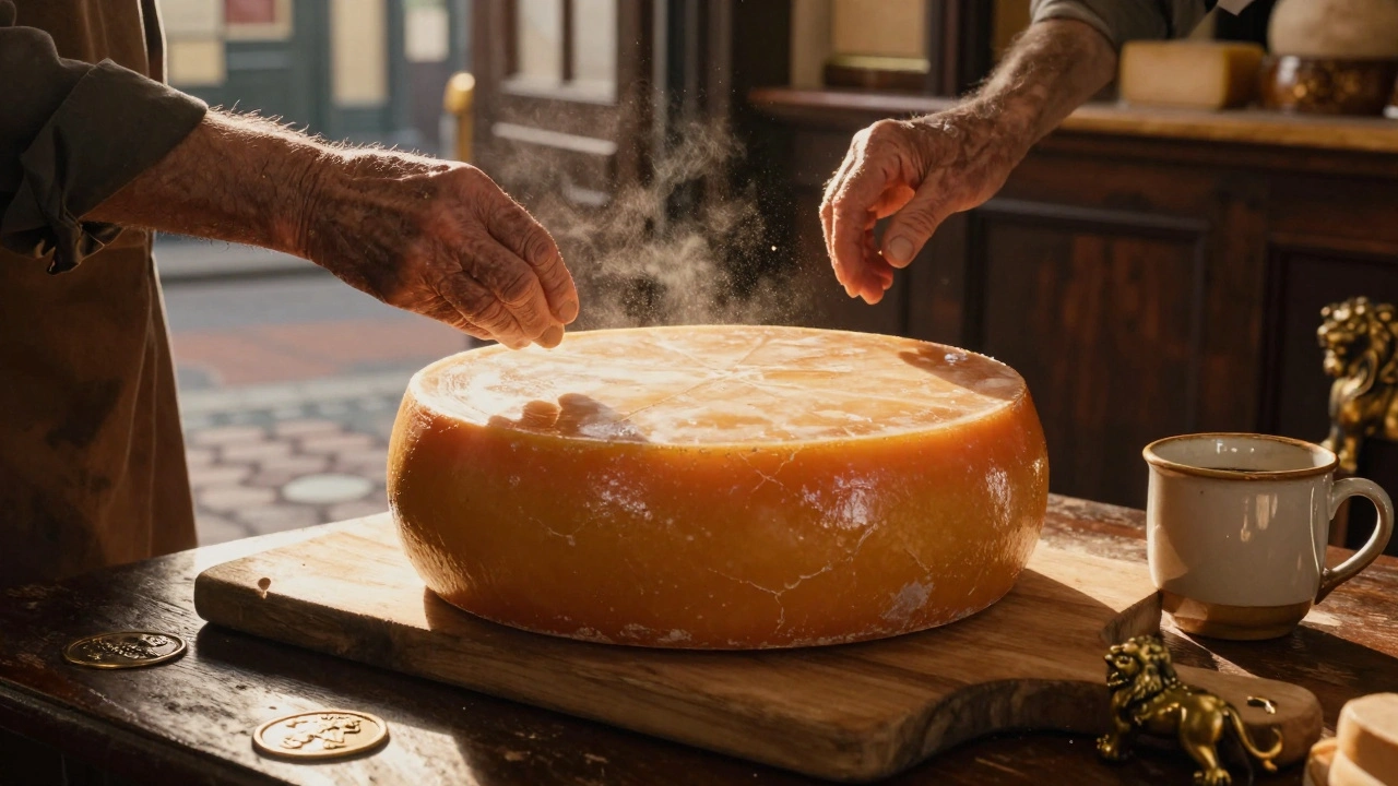 Aged Cheddar cheese and Thames mud ceramic mug lit by golden hour light in Leadenhall Market's historic timbered hall.