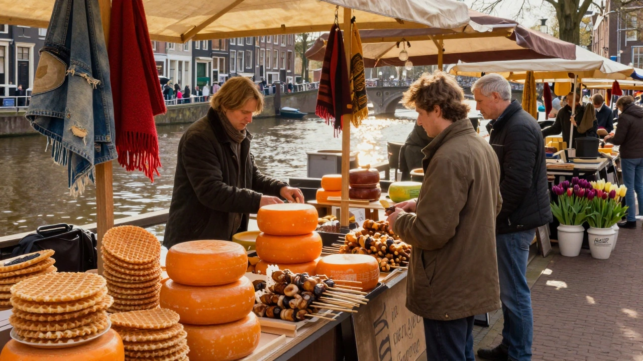 Amsterdam's Albert Cuypmarkt with cheese, stroopwafels, and wool scarves in warm morning light.