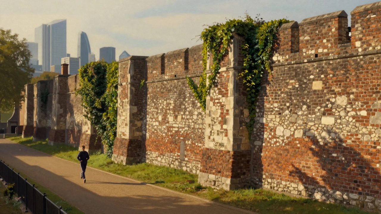 Ancient Roman wall overgrown with ivy, jogger passing by modern skyline.