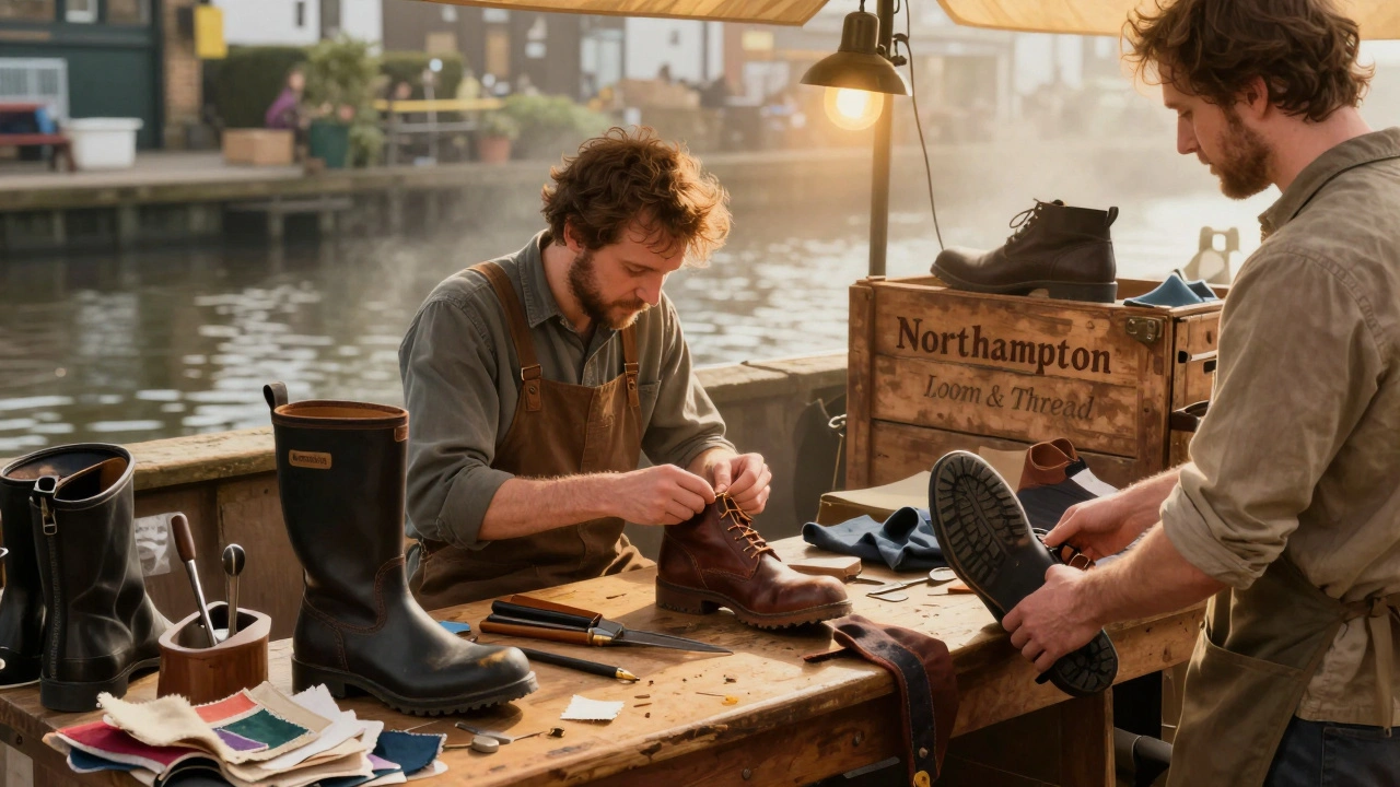 Artisan hand-stitching waterproof boots at Camden Market’s hidden stalls with tools and fabric nearby.