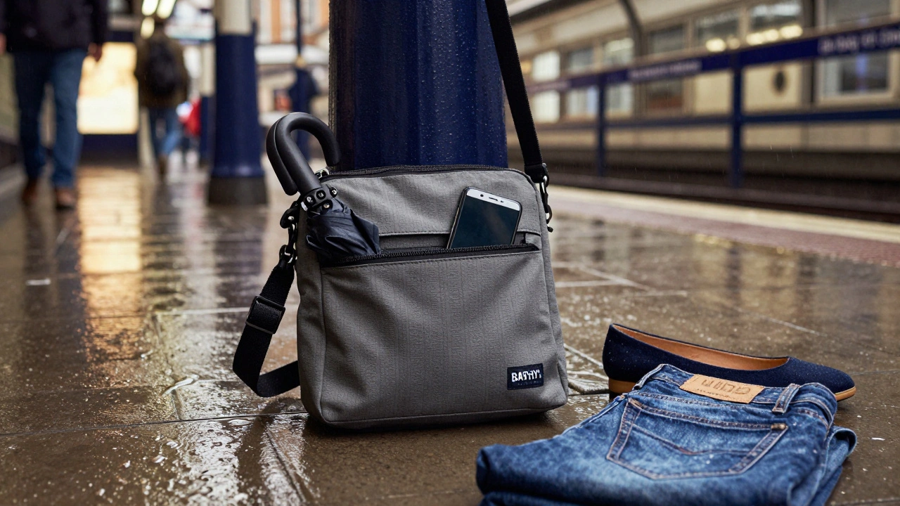 Bags of London crossbody bag on wet pavement at King’s Cross with Rothy’s shoes and jeans nearby.