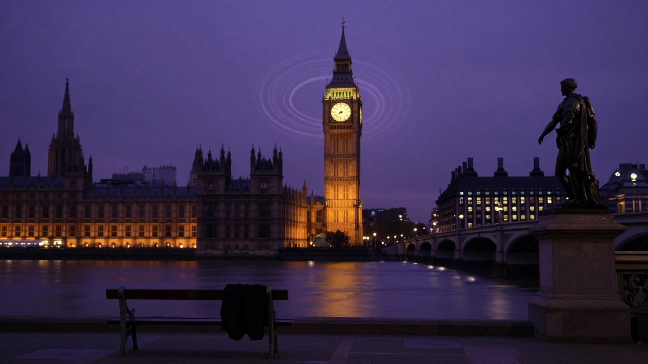Big Ben illuminated at dusk from the South Bank, glowing against a purple sky with reflections on the river.