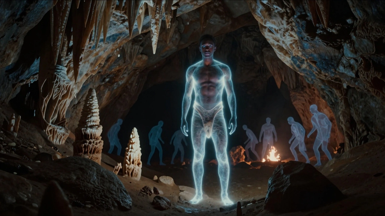 Cheddar Man standing in cave with glowing reconstruction amid ancient limestone formations.